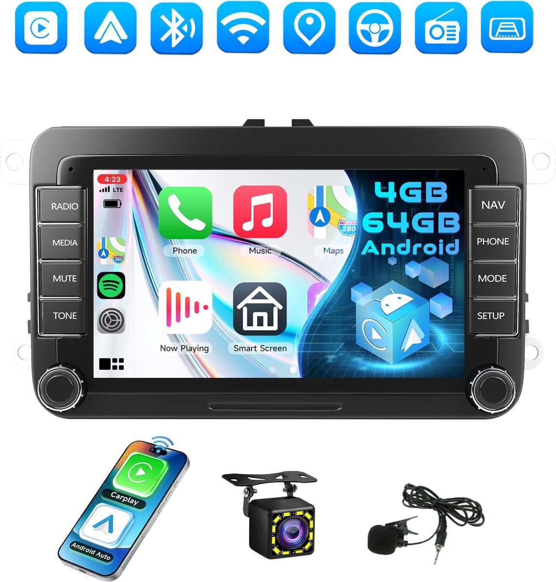 ESSGOO Autoradio met Bluetooth - Apple Carplay - Android Auto - Geschikt voor Volkswagen - Android 15 - 4+64 GB - Navigatiesysteem - Wifi - 7 inch HD Touchscreen - Achteruitrijcamera - Microfoon