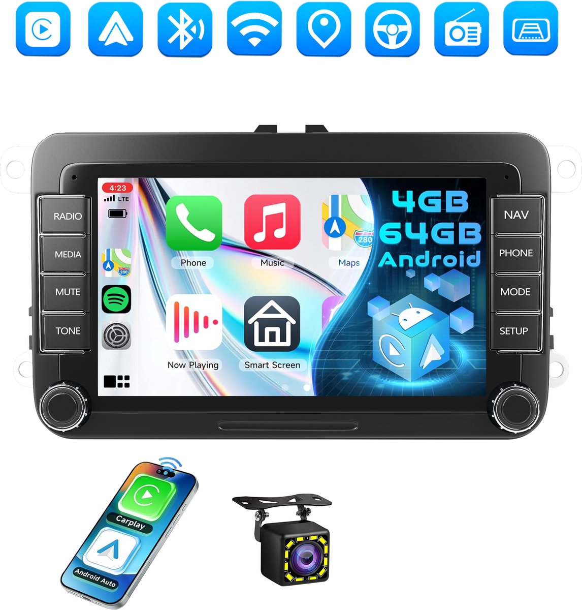 ESSGOO Android 15 Autoradio met CarPlay - 4+64GB - voor VW Golf 5, 6, Polo, Skoda Caddy, T5, Passat - 7-inch Scherm, Navigatiesysteem - Bluetooth, USB, FM/RDS - 12 LEDs Achteruitrijcamera - Microfoon