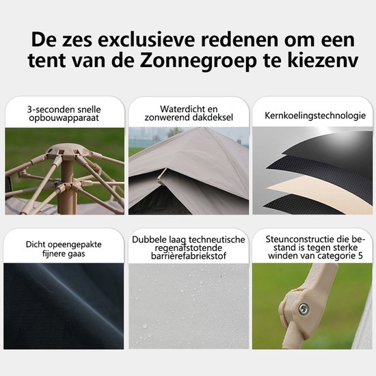 Automatische Pop-up Tent met Slaapmat - Vierhoekige Kampeertent voor 2-3 Personen - Waterdicht met Vaste Zonnekap - Inclusief Draagtas - Ideaal voor Gezinscamping en Festivals - Met Zwarte UV-Block Coating - Snelle 3-Seconden Opzet - Kaki van Merkloos — afbeelding 3