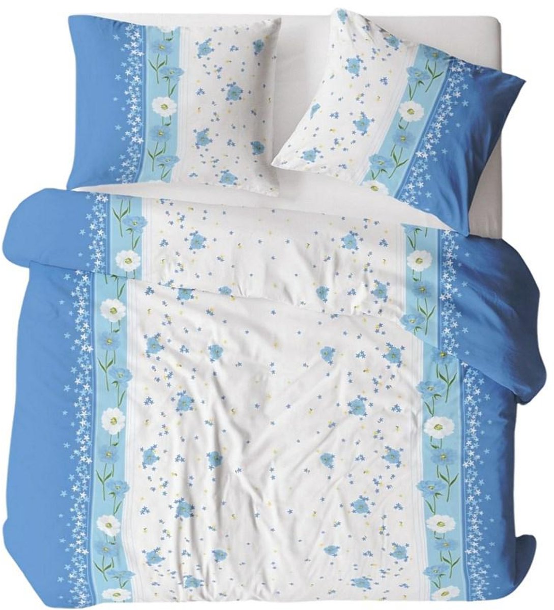 KARO - Beddengoed Koraal 160x200 - Bloemenpatroon - Blauw/Wit - Katoen
