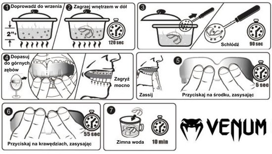 Instructies voor het gebruik van een gebitsbeschermer: koken, koelen, passen en zuigen.