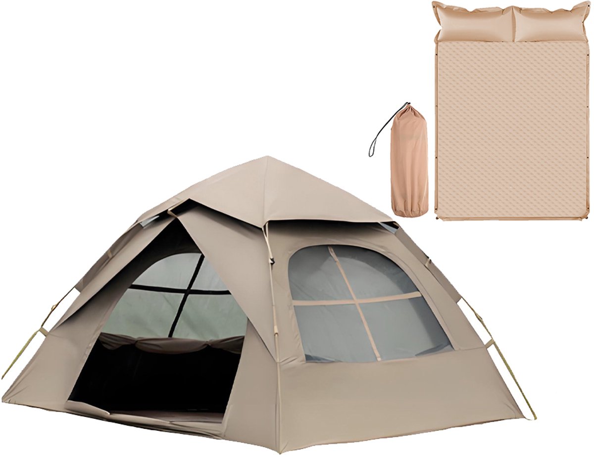 Automatische Pop-up Tent met Slaapmat - Vierhoekige Kampeertent voor 2-3 Personen - Waterdicht met Vaste Zonnekap - Inclusief Draagtas - Ideaal voor Gezinscamping en Festivals - Met Zwarte UV-Block Coating - Snelle 3-Seconden Opzet - Kaki