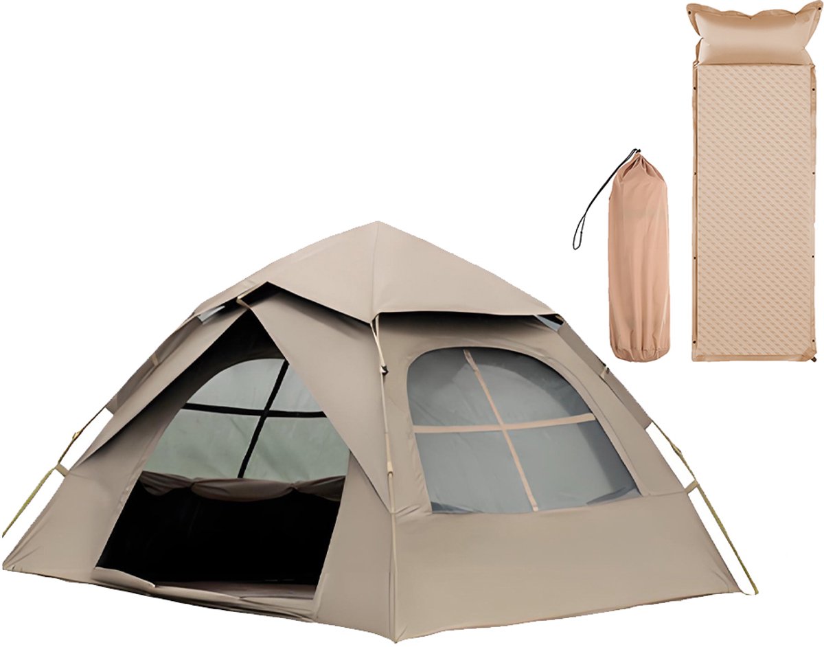 Automatische Pop-up Tent met Slaapmat - Vierhoekige Kampeertent voor 2-3 Personen - Waterdicht met Vaste Zonnekap - Inclusief Draagtas - Ideaal voor Gezinscamping en Festivals - Met Zwarte UV-Block Coating - Snelle 3-Seconden Opzet - Kaki