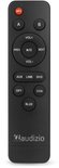 Zwarte afstandsbediening met knoppen voor MP3, A, B, VOL+, PREV, PLAY/PAUSE, NEXT, VOL-, AUX, LINE, DVD, OPT, COA, BLUE.