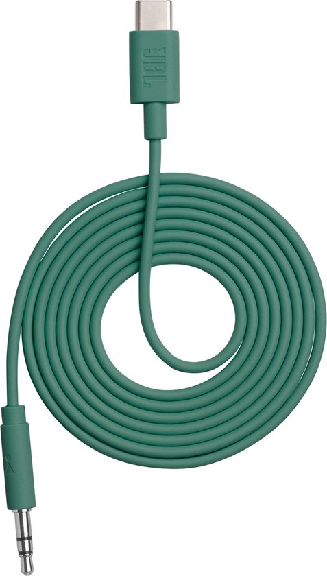 Groene JBL audiokabel met 3.5mm jack en USB-C connector.