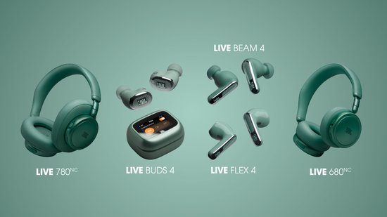 JBL Live Beam 4, Live Buds 4, Live Flex 4, Live 780NC en Live 680NC oortjes en koptelefoons in het groen.