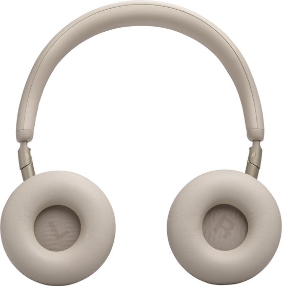Beige JBL over-ear koptelefoon met ronde oorschelpen en gevlochten hoofdband.