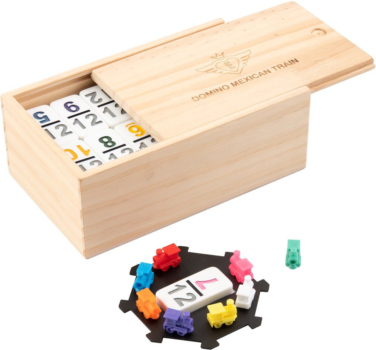 Domino Dubbel 12 Nummers Mexican Train – 91 Stenen met Gekleurde Nummers – Houten Kist met Schuifdeksel – Inclusief Station & Treinen – Strategisch Familiespel – Engelhart — afbeelding 7