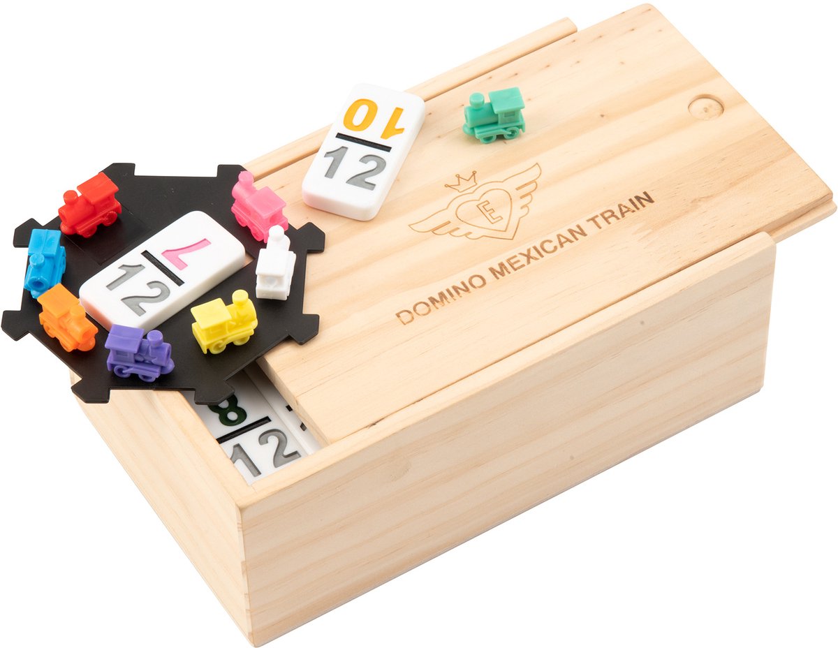 Domino Dubbel 12 Nummers Mexican Train – 91 Stenen met Gekleurde Nummers – Houten Kist met Schuifdeksel – Inclusief Station & Treinen – Strategisch Familiespel – Engelhart — afbeelding 5