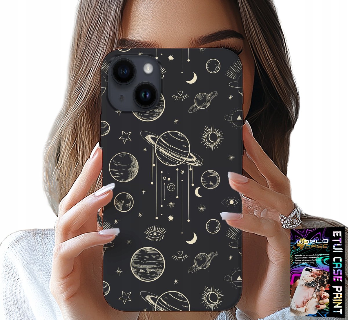 HOESJE VOOR IPHONE 14 - RUIMTEPLANETEN STERREN MAAN + GLAS