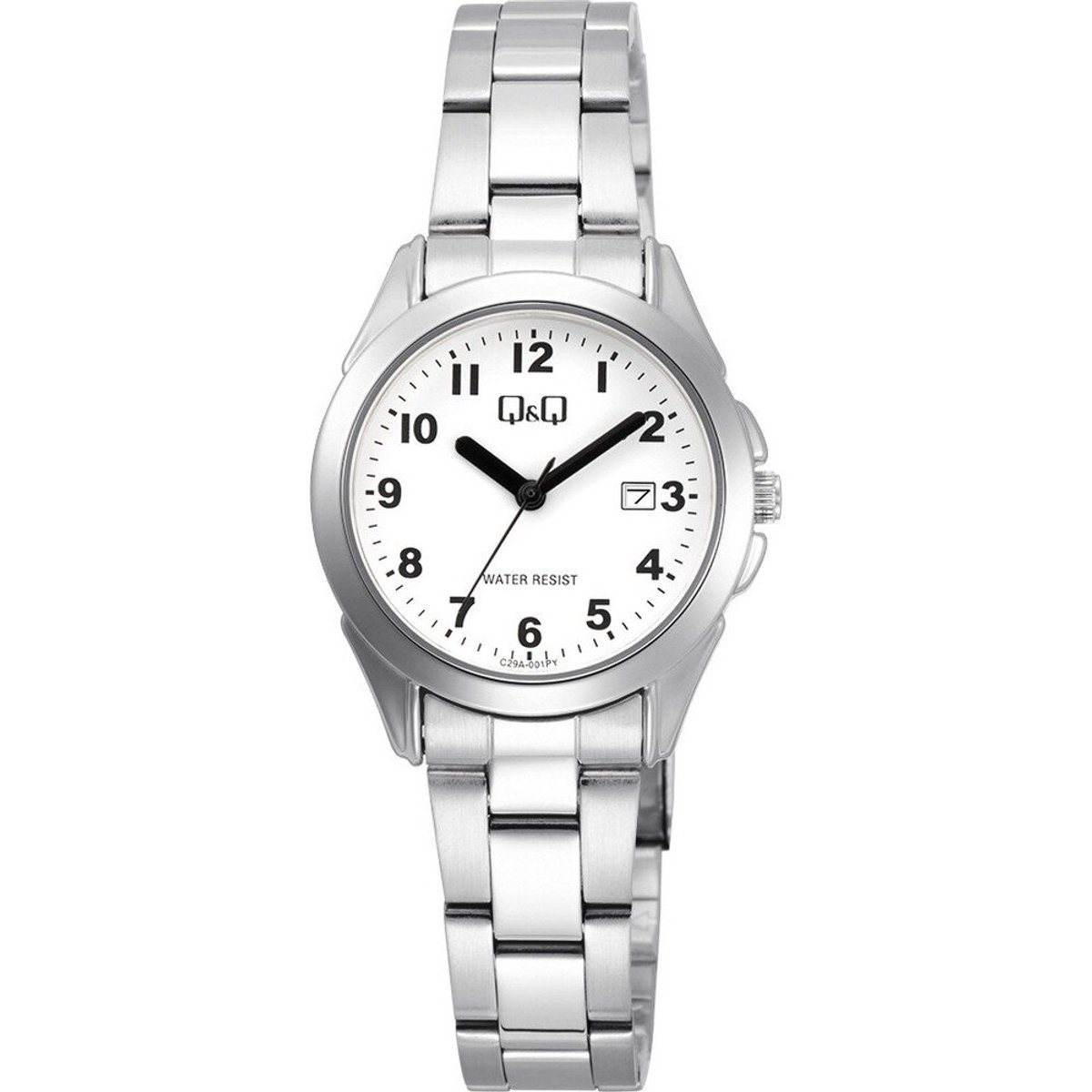 QQ C29A-001PY - Horloge - Polshorloge - Analoog - Vrouwen - Dames - stalen band - Rond - Metaal - Cijfers - Datumaanduiding - Zilverkleurig