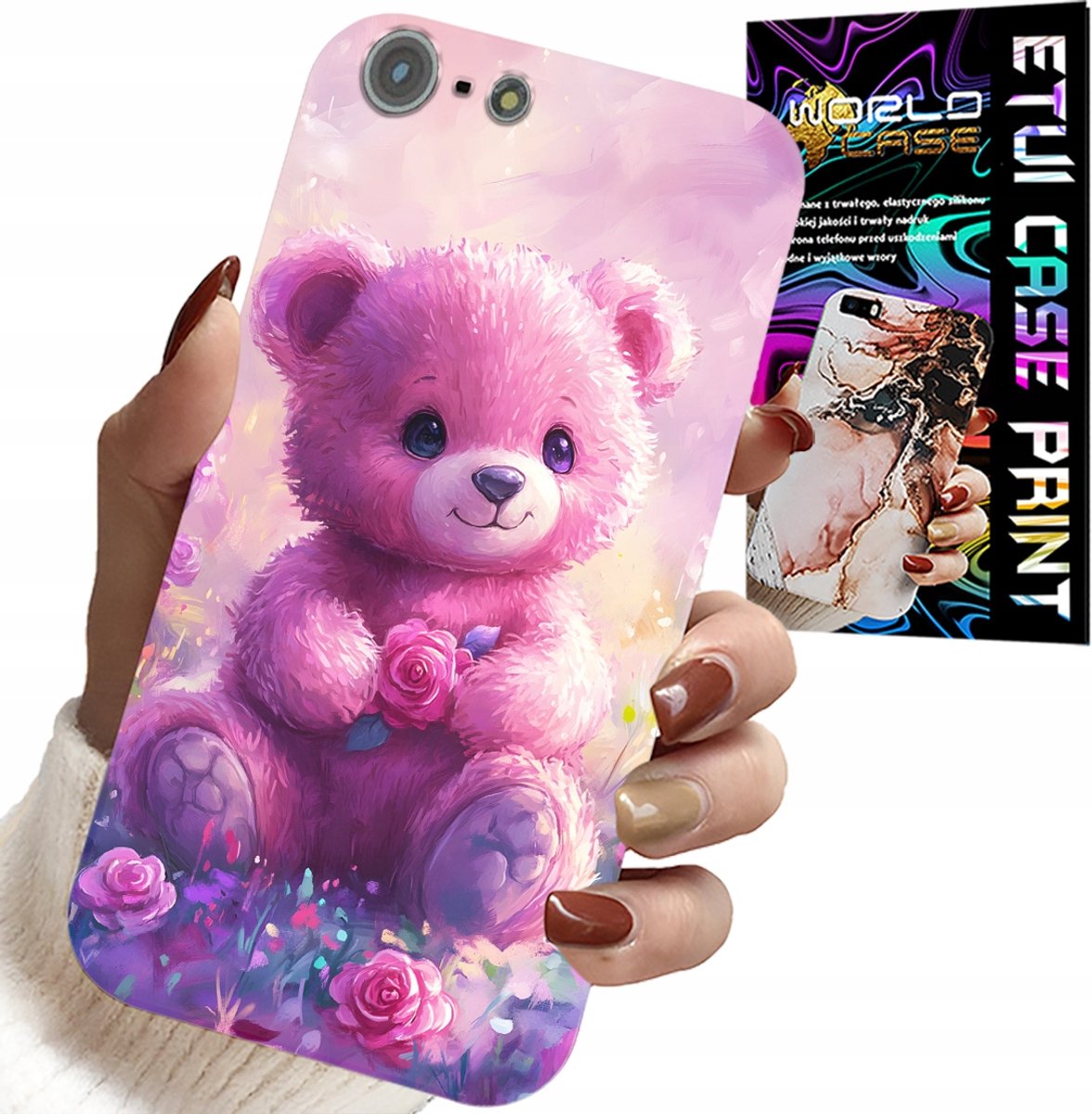 Hoesje voor iPhone 5 / 5S / 5C - Leuke teddybeer op roze achtergrond, hoesje + glas