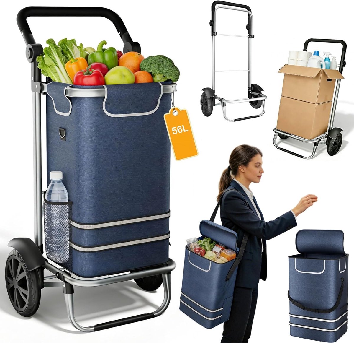 ACXIN Boodschappentrolley Opvouwbaar 3 In 1 Winkelwagen Met Koelvak Draagtas Steekwagen 56L Grote Inhoud - Blauw - 1 Wiel