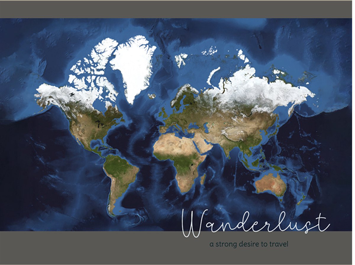 Wereldkaart 40x30 cm - Aluminium - Voelbaar 3D Reliëf - Donkergrijs - World map - Wanderlust - Vintage - Retro - Muurdecoratie - Wanddecoratie