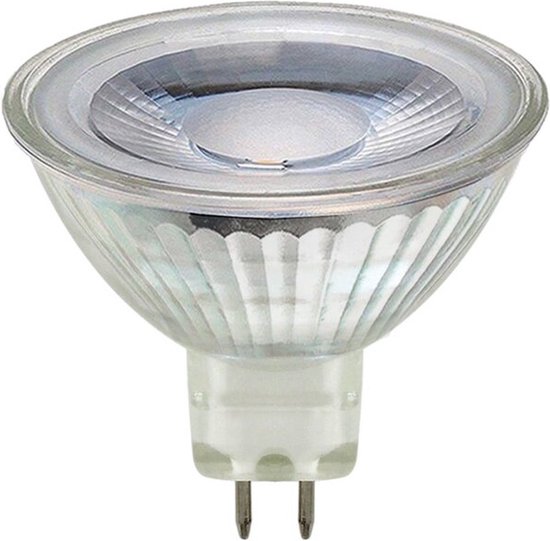 Halogeenlamp met GU5.3 fitting, glazen reflector met verticale ribbels en twee metalen pinnetjes.