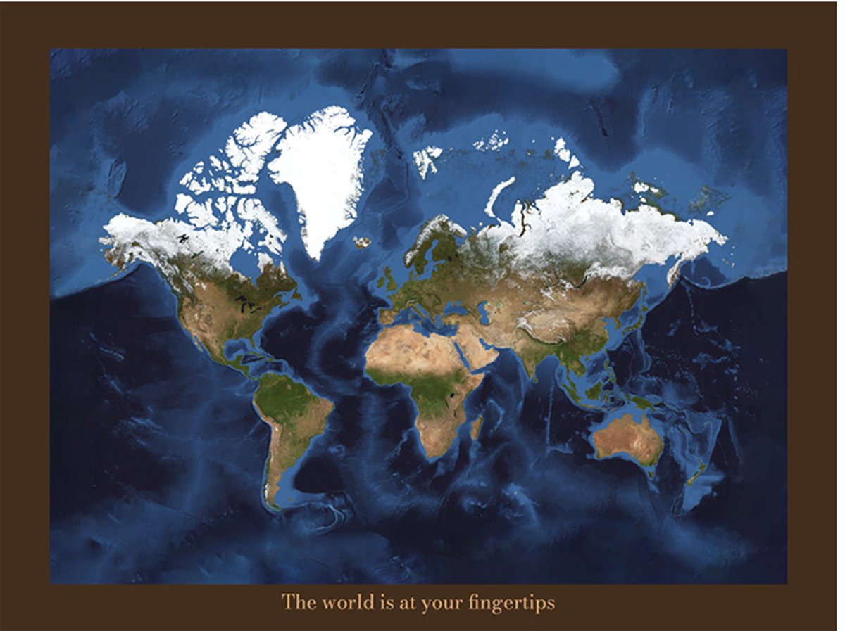 Wereldkaart 40x30 cm - Aluminium - Voelbaar 3D Reliëf - Donkerbruin - World map - World at your Fingertips - Vintage - Retro - Muurdecoratie - Wanddecoratie