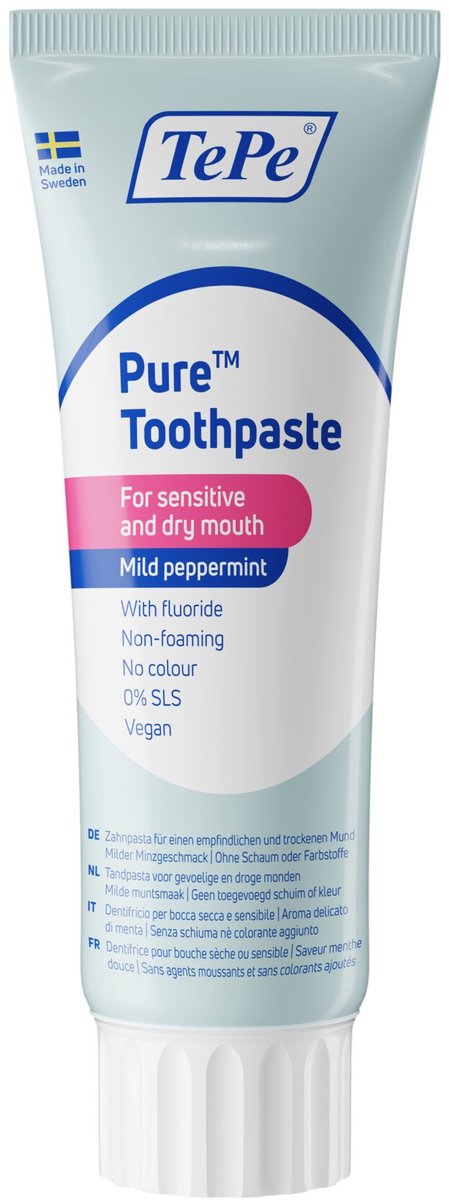 TePe Pure™ Tandpasta – Mild Peppermint – fluoride tandpasta voor gevoelig tandvlees en droge mond klachten – 75 ml