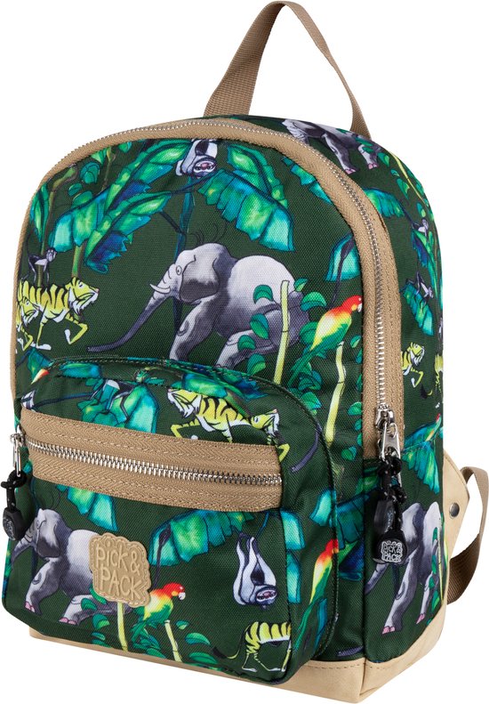 Zij-aanzicht van groene rugzak met jungleprint van olifanten, tijgers, bananenbladeren en papegaaien.