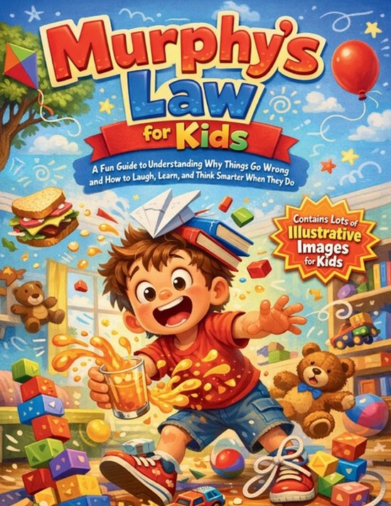 Boekomslag van Murphy's Law for Kids, een jongen die met een glas sap morst, met boeken op zijn hoofd en teddyberen.
