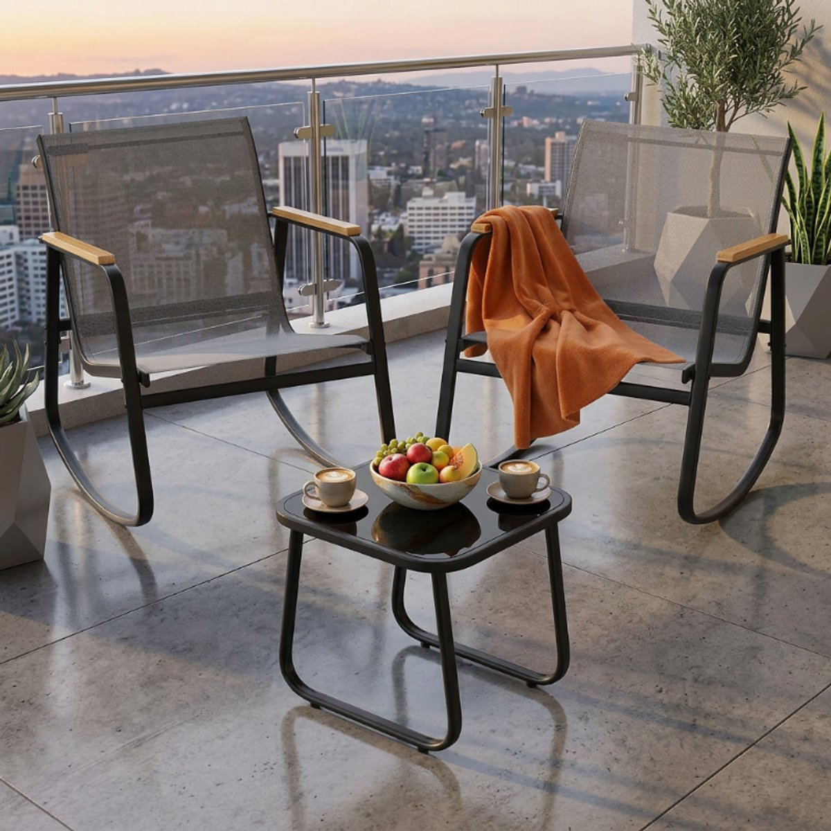 LIFERUN 3-delige tuinmeubelset, aluminium balkonmeubelset, 2 stuks verstelbare klapstoelen met hoge rugleuning 110 x 70 cm WPC weerbestendig, rechthoekige terrastafel, teakbruin lichtgrijs