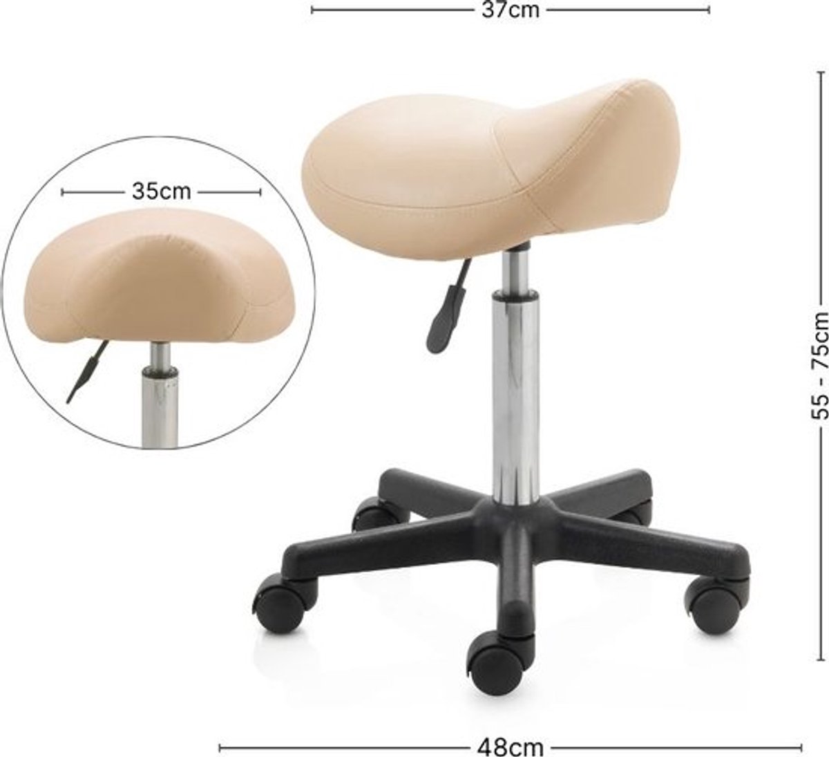 ZenGrowth ergonomische zadelkruk met hoge gasveer beige - Kapperskruk op zachte wielen – Zonder voetring – Zadelstoel - In hoogte verstelbaar thumbnail 6