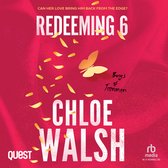 Couverture du livre 'Redeeming 6' avec le texte 'CAN HER LOVE BRING HIM BACK FROM THE EDGE?', papillon doré et pétales sur fond rouge.