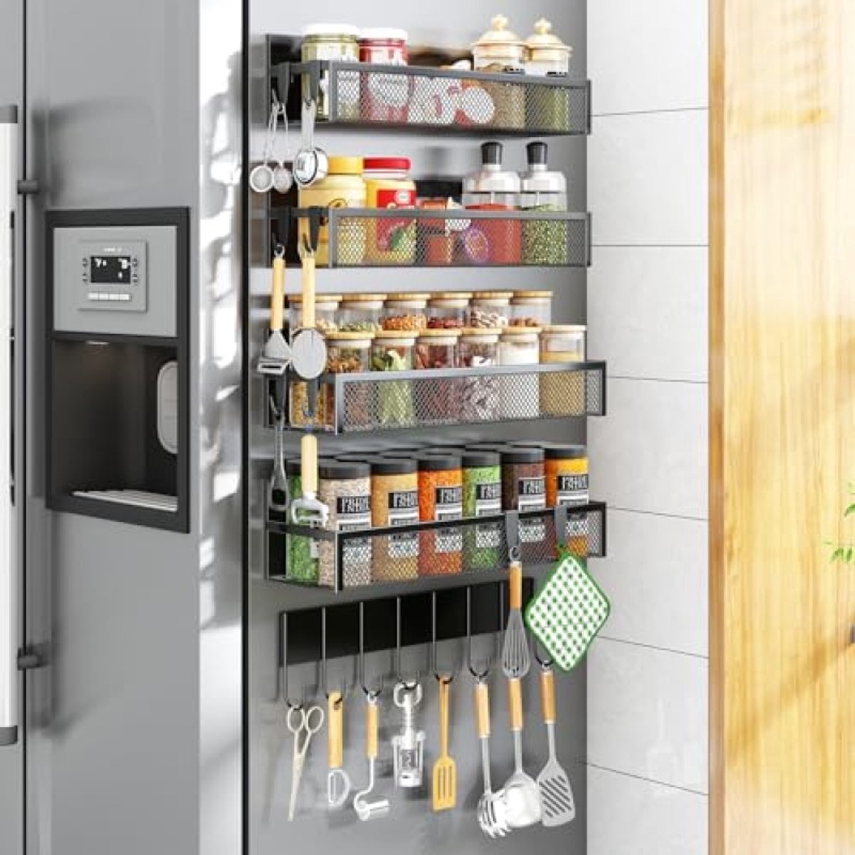Magnetisch kruidenrek voor koelkast - 5 planken met 8 haken - Ruimtebesparende keukenorganizer