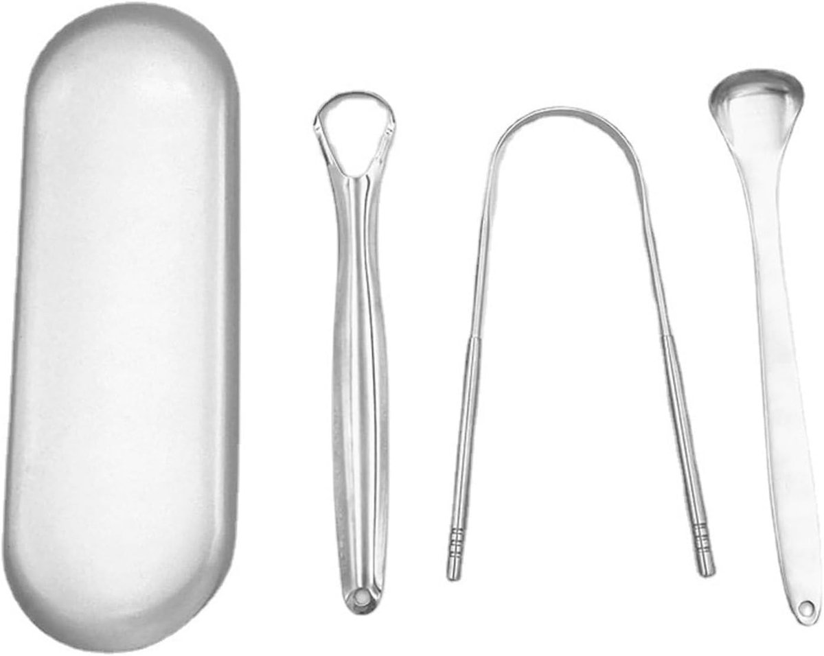 Tongreiniger Set - Mondverzorging Hulpmiddel - Frisse Adem - Roestvrij Staal - Draagbaar Compact