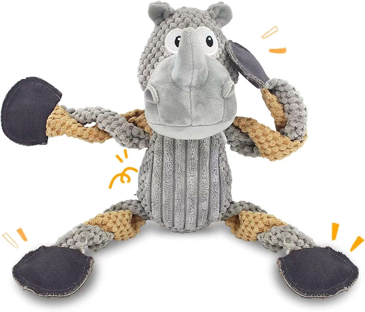 Hondenspeelgoed Neushoorn - Kauwspeelgoed Pieper - Hond Bezig Houden - Duurzaam Katoen Materiaal - 15x8x17 cm - Grijs