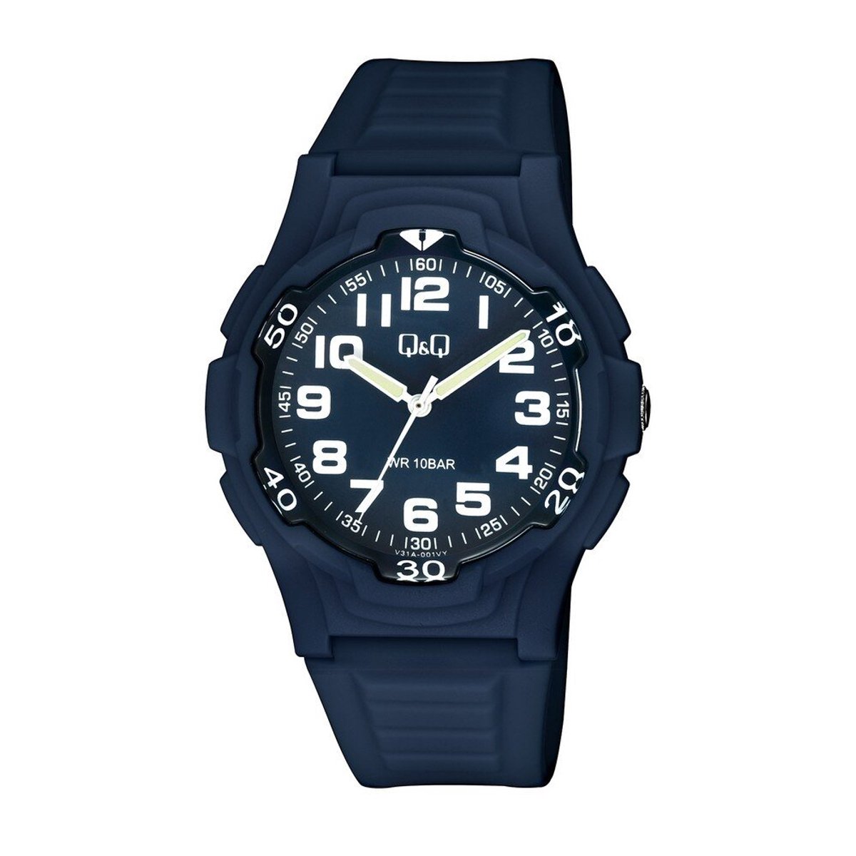 QQ V31A-001VY - Horloge - Analoog - Dames - Heren - Unisex - Siliconen band - Kunststof - Cijfers - Rond - Donkerblauw - 10ATM waterdicht