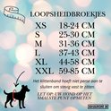 Maattabel loopsheidbroekjes: XS (18-24cm) tot XXL (59-85cm). Klittenband sluiting. Meet hond op het smalste punt.