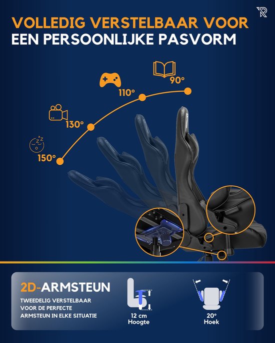 Ranqer Felix – Chaise gaming avec dossier et accoudoirs réglables – Siège gamer Noir