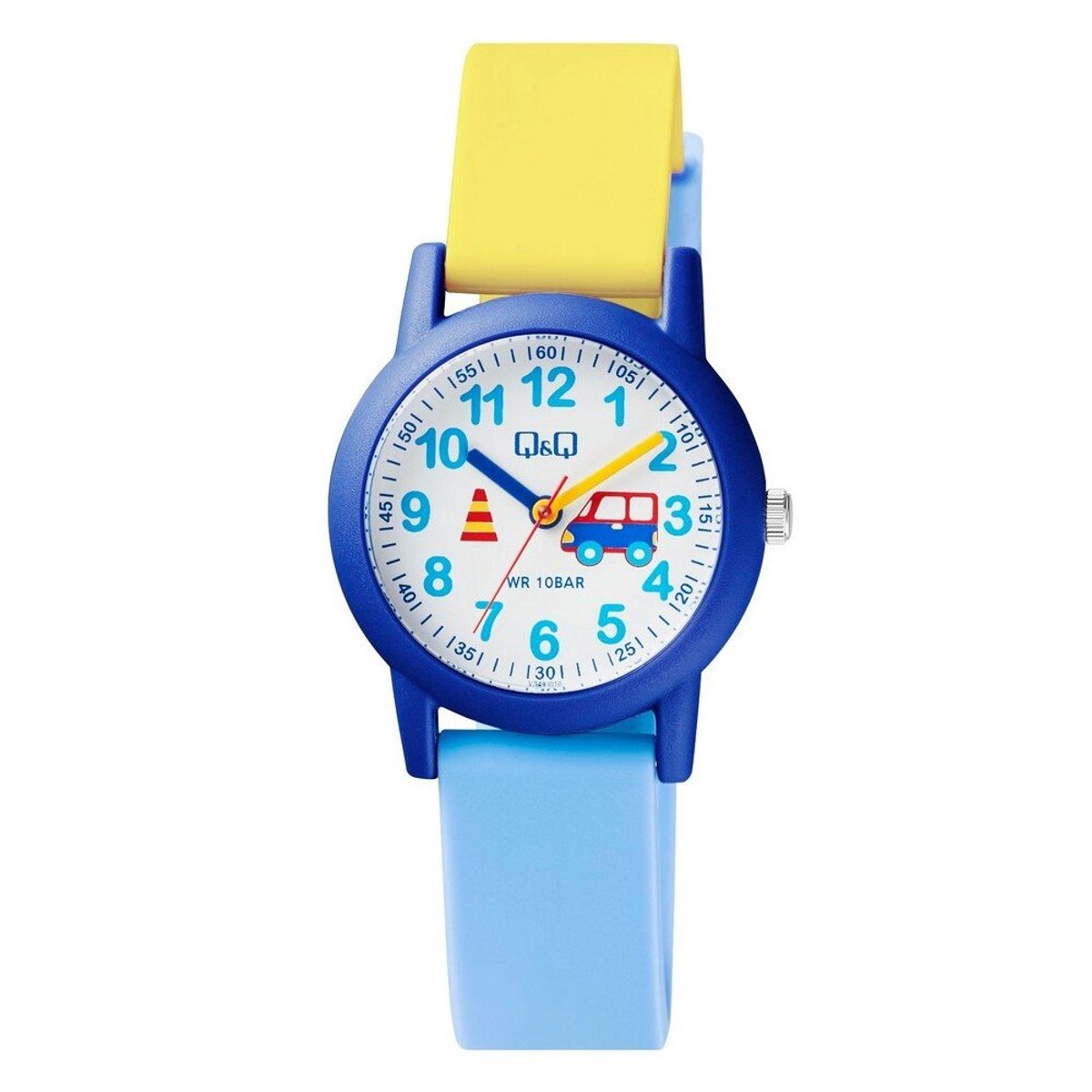 QQ VS49J010Y - Horloge - Analoog - Kinderen - Unisex - Plastic band - Rond - Cijfers - Kunststof - Sport - Lichtblauw - Geel - Blauw - Wit - 10 ATM