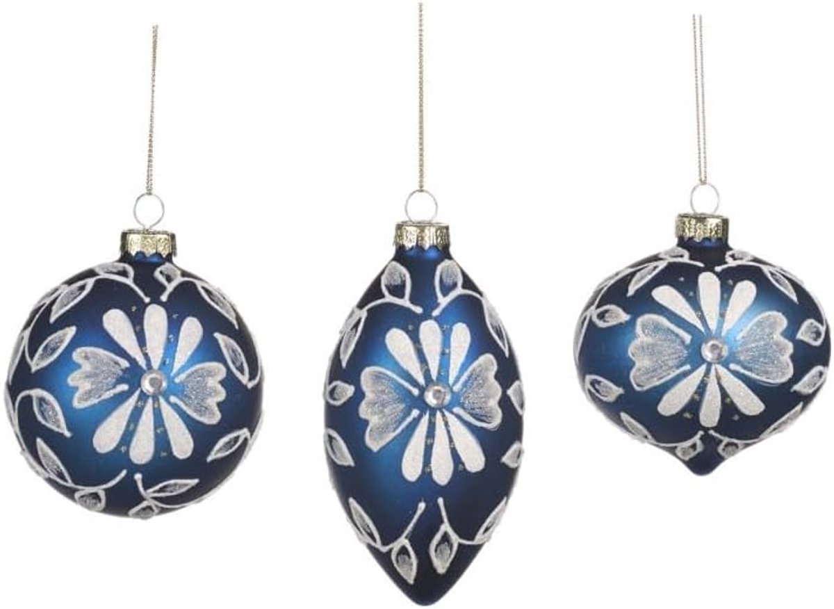 Kerstballen Set - Decoratie Ballen - Kerstboom Versieren - Glas Materiaal - 8 cm Doorsnee - Blauw Wit