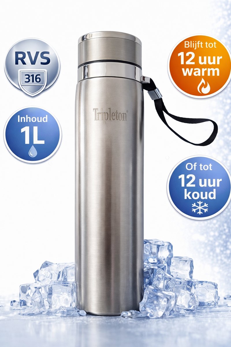 Tripleton® Luxe Thermosfles 1 Liter - RVS Isoleerfles Dubbelwandig - Drinkfles Warm & Koud - 1000ml