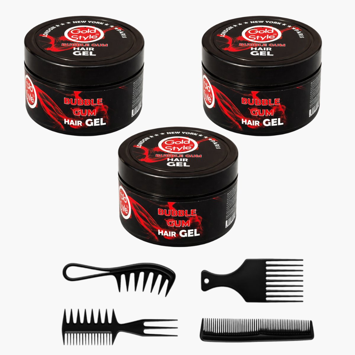 Gold Style Haar Gel – Bubble Gum – Grootverpakking 3 x 450 ml – Inclusief Professionele Styling Kammen – Strong Hold & Glans