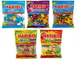 Mixpak Haribo Vegan Snoep - (balla balla, smurf, pico balla, miami sour, pasta frutta sour) 3x85g + 1x160g + 1x100g