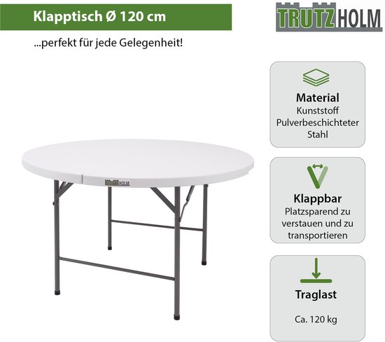 TRUTZHOLM - Ronde Vouwtafel - Ø 120 cm - Wit - Partytafel - Inklapbaar - Campingtafel - Voor 6 Personen van Merkloos — afbeelding 2
