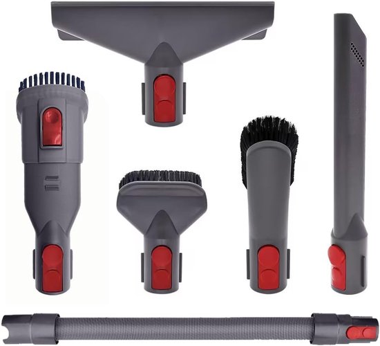 Set van 6 grijze stofzuigeraccessoires met rode knoppen: mondstuk, borstels en slang.