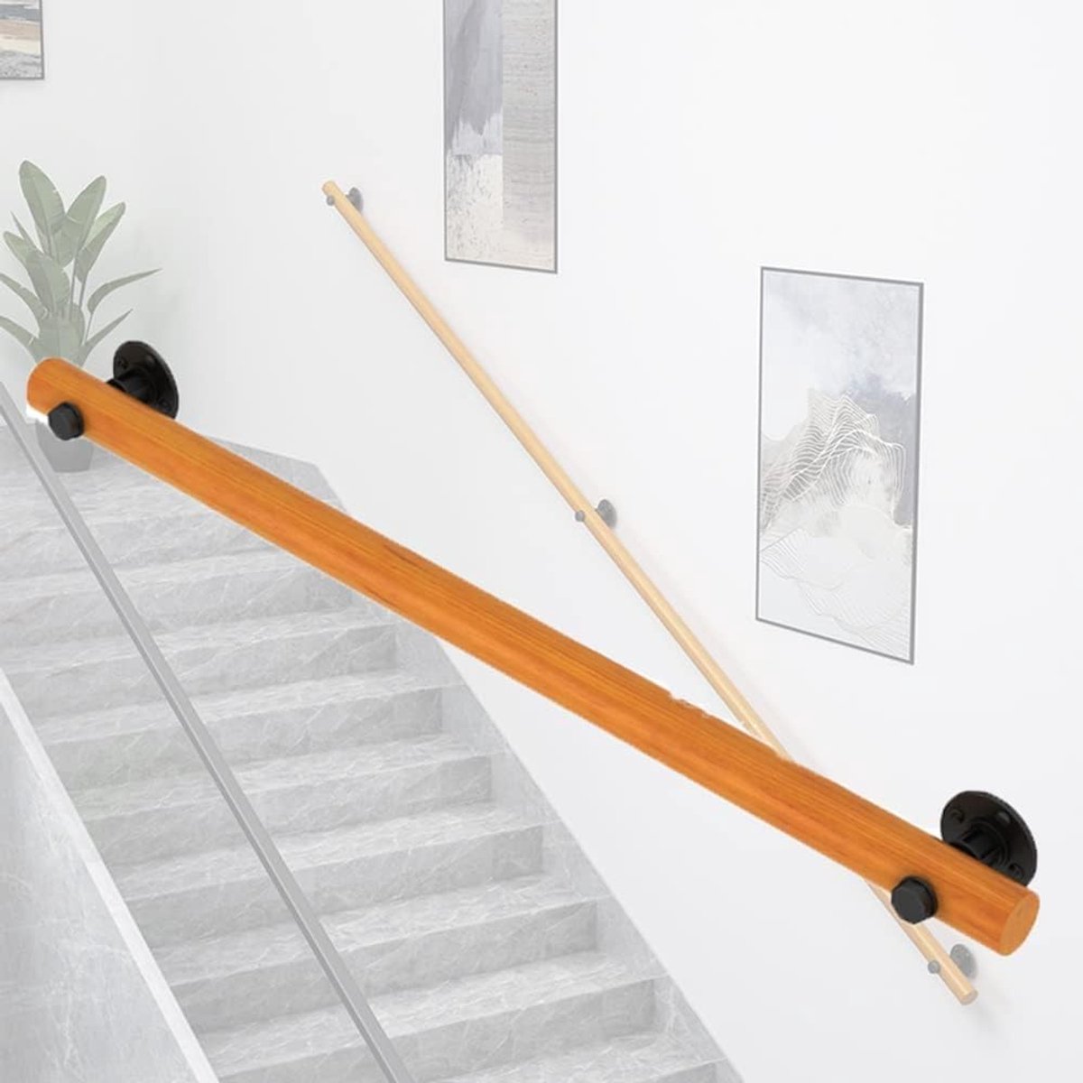 Houten Handgreep - Muursteun Trapleuning - Veiligheid Binnenshuis - Massief Hout Metaal - 50cm tot 350cm