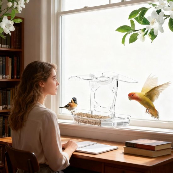 Een vrouw kijkt naar een transparant acryl vogelvoederhuisje op een vensterbank, met een mus en een vliegende roseicollis.