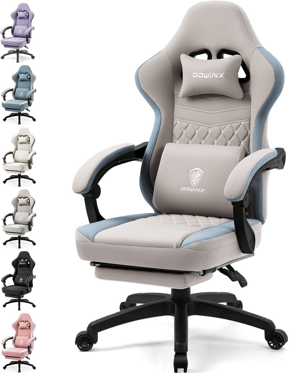 Dowinx Gamingstoel van Stof - Bureaustoel met Pocketvering - Ergonomische Gamestoel met Hoofdsteun, Massage-Lendenkussen en Voetensteun - Grijs