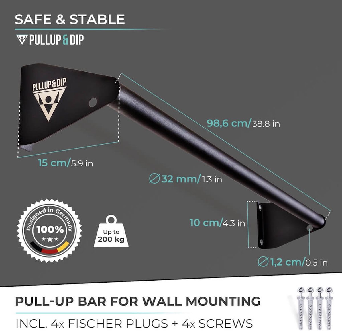 PULLUP & DIP Steel - Pull-up Stang Wandmontage - Compact Design (13 cm Afstand) - Voor Boven Deurkozijnen - Mat Zwart Gepoedercoat thumbnail 2