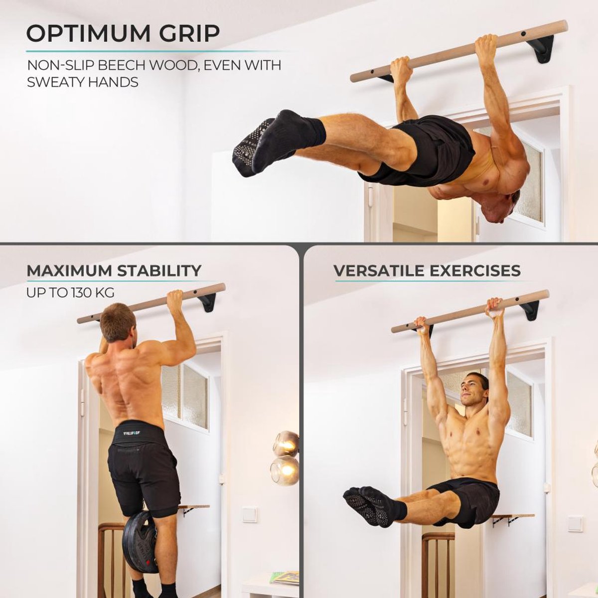 PULLUP & DIP Wood - Houten Pull-up Stang Wandmontage - Premium Beukenhout - 40mm Grip Diameter - Extra Brede Grip (100 cm) thumbnail 4