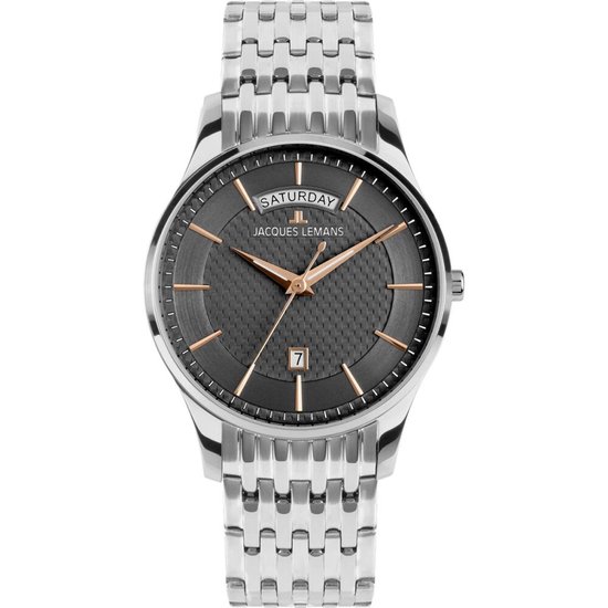 Herenhorloge met donkergrijze, textuur wijzerplaat, roségoudkleurige indexen en wijzers, datumaanduiding en zilverkleurige band.