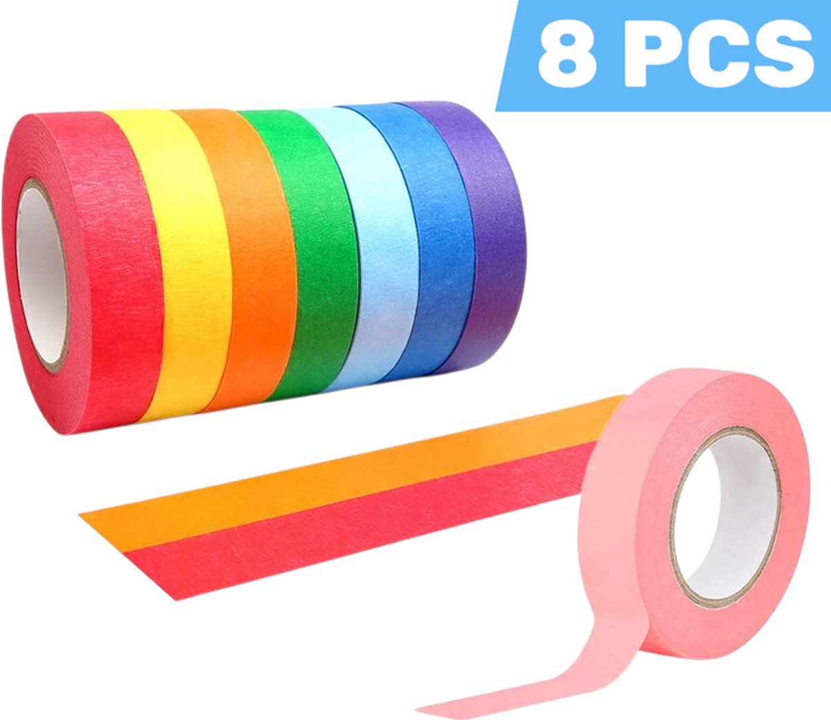 8 stuks – Maskingtape in diverse kleuren (rood, oranje, geel, donkergroen, lichtblauw, donkerblauw, roze, paars) – 15 mm x 13 m – Handgescheurde, sporenloze afplaktape
