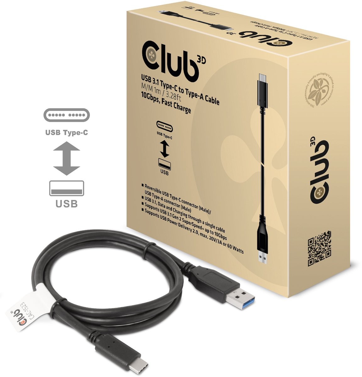 Club 3D USB-C®-naar-A-kabel 10 Gbps PD 60 W mannelijk/mannelijk 1 m/3,28 ft