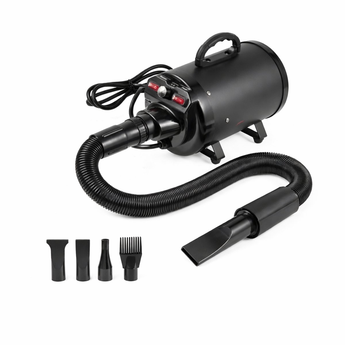 Hondenföhn - Huisdierendroger - Hondenblazer - 2000W Krachtige Motor - Verstelbare Windsnelheid tot 70 m/s - Temperatuurregeling - Uittrekbare Slang - 4 Mondstukken - Geschikt voor Honden en Katten - Thermische Beveiliging