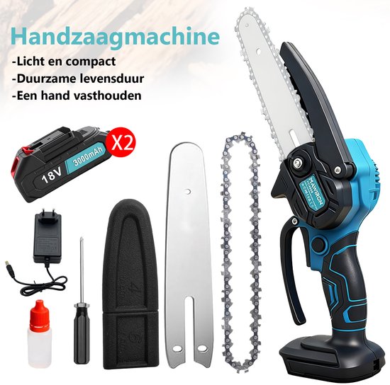 Mini Accu Kettingzaag, Draagbare Elektrische Kettingzaag, Kleine Handkettingzaag op Accu, Met Veiligheidsslot voor het Snoeien van Bomen en Takken & Houtbewerking, Met 2 Stuks 18V 3.0Ah Accu's & 1 Kettingen