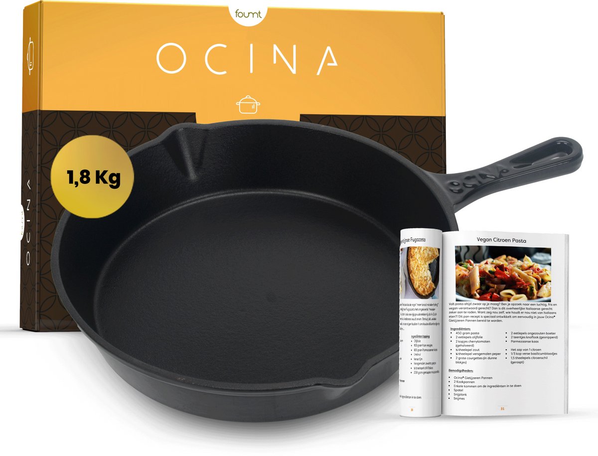 Ocina Gietijzeren pan voor BBQ en Inductie – 31.5 cm – Skillet - Koekenpan – Hapjespan - Pannen - Emaille - Zwart